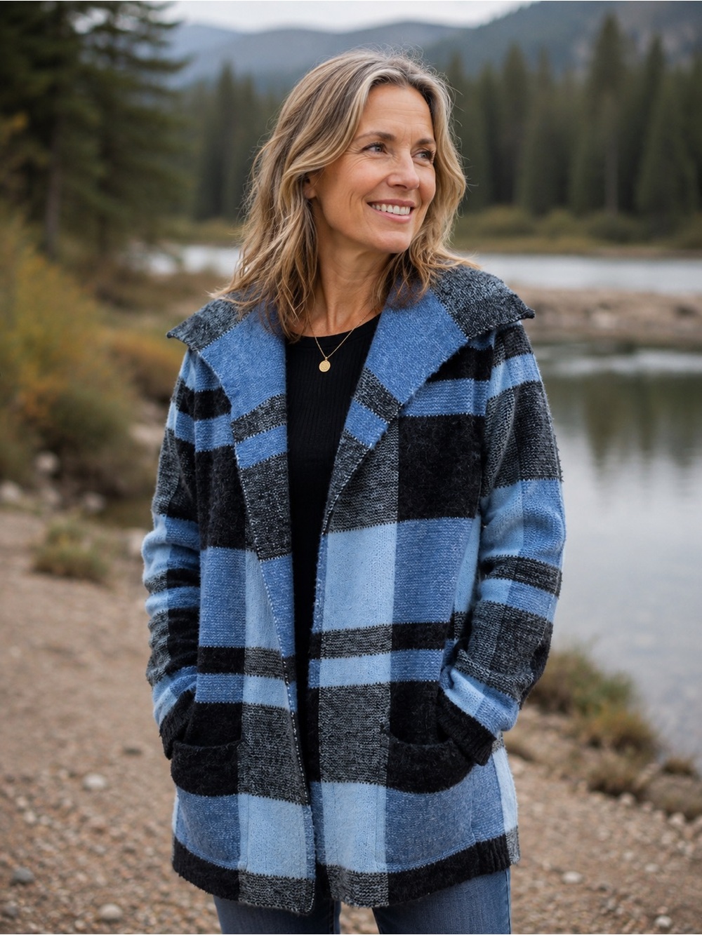 Alison Sheri Blue and Gray Open-Front Cardigan